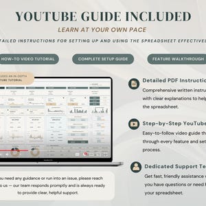 May include: A digital spreadsheet displayed on a laptop screen with text overlays stating YOUTUBE GUIDE INCLUDED, LEARN AT YOUR OWN PACE, and DETAILED INSTRUCTIONS FOR SETTING UP AND USING THE SPREADSHEET EFFECTIVELY, plus icons for PDF, video, and support.