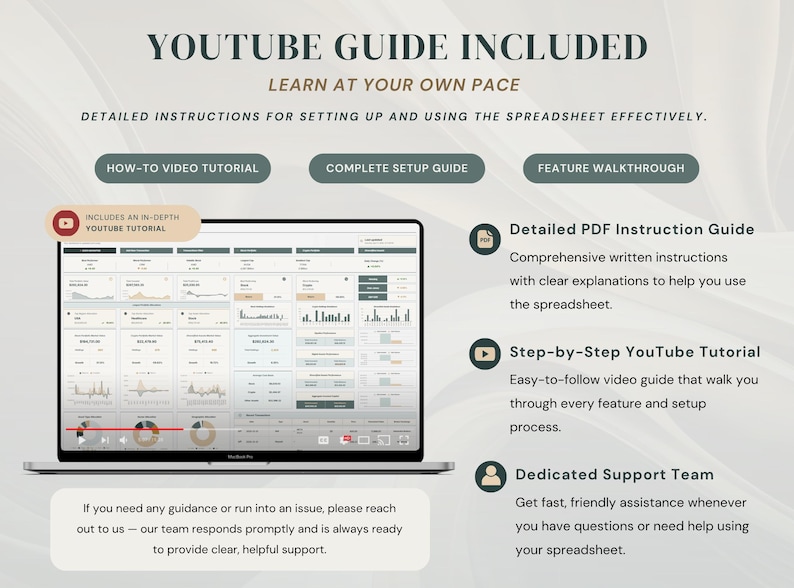May include: A digital spreadsheet displayed on a laptop screen with text overlays stating YOUTUBE GUIDE INCLUDED, LEARN AT YOUR OWN PACE, and DETAILED INSTRUCTIONS FOR SETTING UP AND USING THE SPREADSHEET EFFECTIVELY, plus icons for PDF, video, and support.