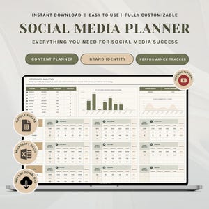 May include: A digital social media planner displayed on a laptop screen, featuring performance analytics, content planning, and brand identity sections. The interface includes tables, bar charts, and line graphs in olive green and beige tones.