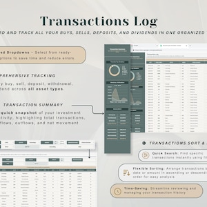 May include: A digital Transactions Log spreadsheet template featuring a dark green and beige color scheme. The interface includes pre-filled dropdowns, comprehensive tracking for buys, sells, deposits, and dividends, a transaction summary, and sort and filter options for investment data management.