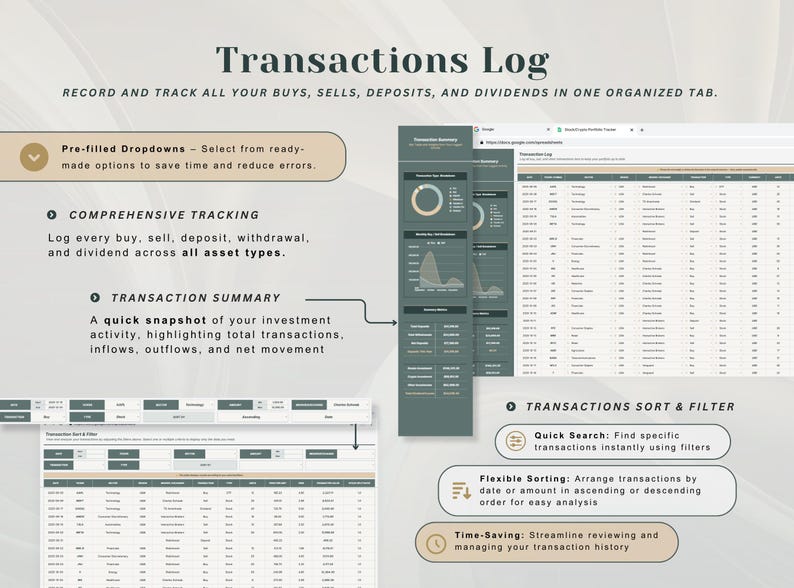 May include: A digital Transactions Log spreadsheet template featuring a dark green and beige color scheme. The interface includes pre-filled dropdowns, comprehensive tracking for buys, sells, deposits, and dividends, a transaction summary, and sort and filter options for investment data management.
