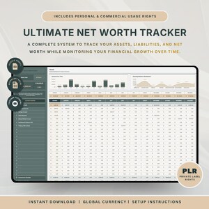 May include: A digital net worth tracker spreadsheet interface featuring a dark green sidebar and a white data grid. The display includes bar charts, line graphs, and text labels for assets and liabilities. Icons for Google Sheets, Excel, and YouTube are visible.