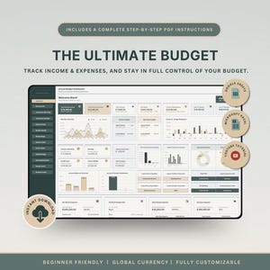May include: A digital budget dashboard interface titled THE ULTIMATE BUDGET, featuring charts, graphs, and financial tracking fields. Includes circular icons for Google Sheets, Microsoft Excel, and YouTube tutorials, with text indicating step-by-step PDF instructions.