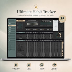 Op de afbeelding: Een digitale gewoonte-tracker op een laptopscherm met een donkere interface, grafieken, maandelijkse voortgangstabellen en een zijbalk met 14 tabbladen. Tekst: Ultimate Habit Tracker, Track your habits, Build consistency, Achieve your goals.