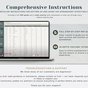 May include: A laptop screen displays a spreadsheet with data and charts. The image includes text: "Comprehensive Instructions" and "Full Step-by-Step PDF Guide." Additional text describes a YouTube tutorial and troubleshooting support.