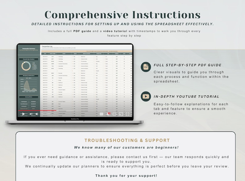 May include: A laptop screen displays a spreadsheet with data and charts. The image includes text: "Comprehensive Instructions" and "Full Step-by-Step PDF Guide." Additional text describes a YouTube tutorial and troubleshooting support.