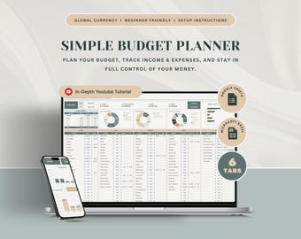 Op de afbeelding: Een laptop en smartphone die een budgetplanner-interface weergeven. Het scherm toont financiële gegevens met grafieken en tabellen. Tekst bevat "SIMPLE BUDGET PLANNER" en "In-Depth Youtube Tutorial". Het ontwerp is strak en modern.