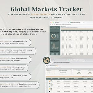 May include: A digital Global Markets Tracker infographic featuring text, world region icons, and two browser window screenshots displaying a transaction log and a crypto watchlist with data tables, charts, and financial investment information.