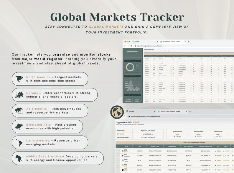 May include: A digital Global Markets Tracker infographic featuring text, world region icons, and two browser window screenshots displaying a transaction log and a crypto watchlist with data tables, charts, and financial investment information.