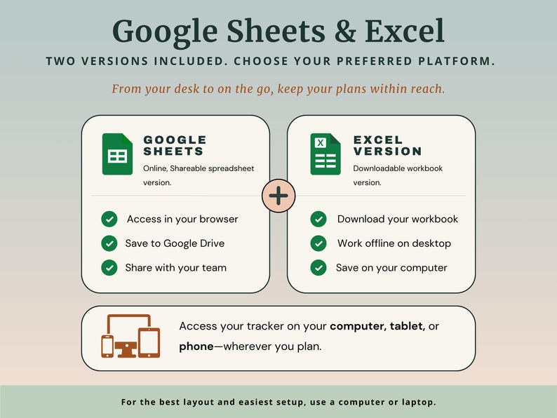 Peut inclure: Une infographie de produit num&eacute;rique intitul&eacute;e Google Sheets & Excel. Elle pr&eacute;sente deux encadr&eacute;s comparant les fonctionnalit&eacute;s des versions Google Sheets et Excel, avec des ic&ocirc;nes pour l'acc&egrave;s navigateur, le travail hors ligne et les appareils.