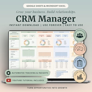 Könnte beinhalten: Ein digitales CRM-Manager-Dashboard für Google Sheets und Microsoft Excel auf einem Laptop-Bildschirm. Die Benutzeroberfläche zeigt Datendiagramme, Tabellen zur Kundenverfolgung und Leistungskennzahlen sowie Textbeschriftungen wie Automated Tracking & Insights.