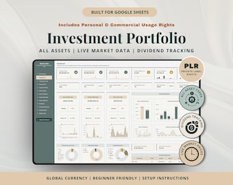 Hoja de cálculo para el seguimiento de carteras de inversión PLR, seguimiento de carteras de acciones en Google Sheets, panel de control de inversiones, diario de operaciones, seguimiento de criptomonedas