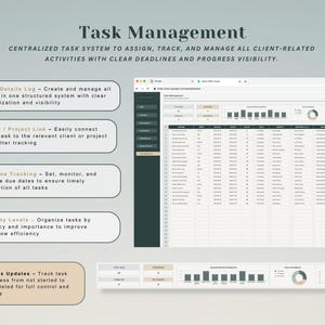 May include: A digital task management dashboard interface featuring a spreadsheet layout with columns for task details, client links, deadlines, and priority levels. The display includes charts, status tracking, and text labels for organizing client-related activities.