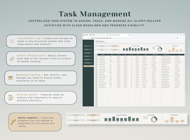 May include: A digital task management dashboard interface featuring a spreadsheet layout with columns for task details, client links, deadlines, and priority levels. The display includes charts, status tracking, and text labels for organizing client-related activities.