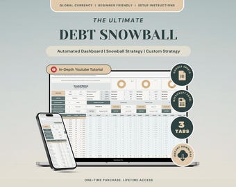 Könnte beinhalten: Eine digitale Schulden-Schneeball-Tabelle auf einem Laptop- und Smartphone-Bildschirm. Die Benutzeroberfläche bietet ein automatisiertes Dashboard und Strategieoptionen. Text: THE ULTIMATE DEBT SNOWBALL, In-Depth Youtube Tutorial, Google Sheets, Microsoft Excel, 3 Tabs, Instant Download.