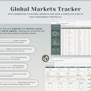 May include: A digital graphic titled "Global Markets Tracker" with text describing investment portfolio organization and monitoring. The image includes a world map icon, charts, and a list of global regions with descriptions, such as "North America - Largest markets with tech and blue-chip stocks."