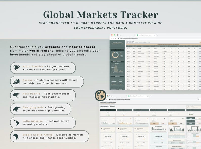 May include: A digital graphic titled "Global Markets Tracker" with text describing investment portfolio organization and monitoring. The image includes a world map icon, charts, and a list of global regions with descriptions, such as "North America - Largest markets with tech and blue-chip stocks."