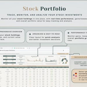 May include: A digital display of a stock portfolio tracker with the title "Stock Portfolio". The interface shows stock holdings, performance tracking, and currency conversion options. Text includes "Track, Monitor, and Analyze Your Stock Investments".