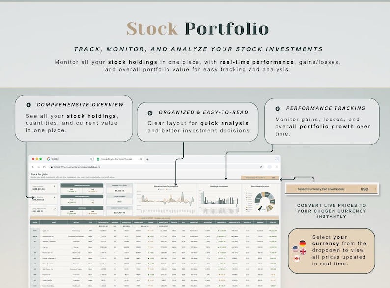 May include: A digital display of a stock portfolio tracker with the title "Stock Portfolio". The interface shows stock holdings, performance tracking, and currency conversion options. Text includes "Track, Monitor, and Analyze Your Stock Investments".