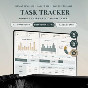 Puede incluir: Un rastreador de tareas digital que se muestra en una tableta, con gráficos para la visualización de datos. La pantalla muestra el texto "TASK TRACKER" y "GOOGLE SHEETS & MICROSOFT EXCEL". Incluye opciones para Task Dashboard, Eisenhower Matrix y Kanban Board.