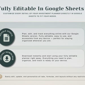 May include: Digital planner advertisement with text "Fully Editable In Google Sheets." Includes icons for Google Sheets and instant download. The text describes the planner's features: online editing, easy use, and accessibility.
