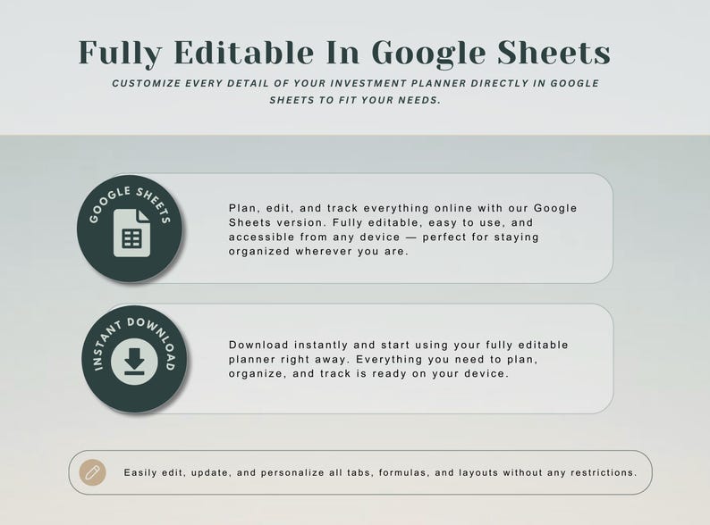 May include: Digital planner advertisement with text "Fully Editable In Google Sheets." Includes icons for Google Sheets and instant download. The text describes the planner's features: online editing, easy use, and accessibility.