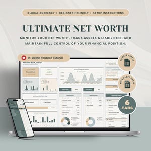 Puede incluir: Un portátil y un smartphone muestran un panel financiero con el texto "ULTIMATE NET WORTH". La pantalla muestra gráficos y datos para controlar el patrimonio neto, los activos y los pasivos. La imagen incluye el texto "GLOBAL CURRENCY", "BEGINNER FRIENDLY" y "SETUP INSTRUCTIONS".