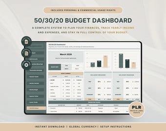 PLR 503020 Budget Dashboard Spreadsheet 2026 Personal Finance Monthly Weekly Excel Budget Tracker Debt Calculator Financial Planner
