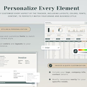 May include: Image showcasing a digital tracker with customization options. Text reads "Personalize Every Element." Features include font and color adjustments, invoice customization, and logo integration. The design is clean and modern, with a focus on user-friendly design.