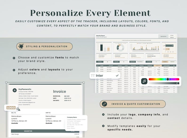 May include: Image showcasing a digital tracker with customization options. Text reads "Personalize Every Element." Features include font and color adjustments, invoice customization, and logo integration. The design is clean and modern, with a focus on user-friendly design.