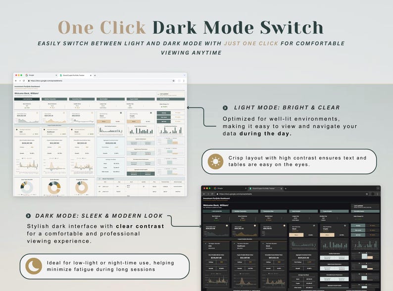 May include: Image showcasing a "One Click Dark Mode Switch" feature. The graphic displays a light mode interface and a dark mode interface. Text highlights the benefits of each mode, including clear contrast and reduced eye strain.