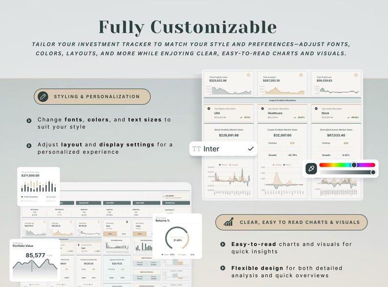 May include: A digital investment tracker interface with customizable features. The interface allows users to adjust fonts, colors, and layouts. It includes charts and visuals for easy analysis, with options for detailed and quick overviews. The text reads "Fully Customizable".
