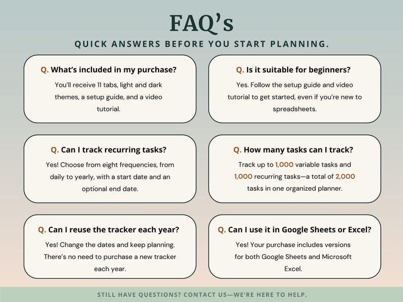Peut inclure: Un graphique FAQ avec le titre FAQ's et le sous-titre QUICK ANSWERS BEFORE YOU START PLANNING. Il contient six cases avec des questions et r&eacute;ponses concernant un planificateur num&eacute;rique, incluant des d&eacute;tails sur les onglets et logiciels.