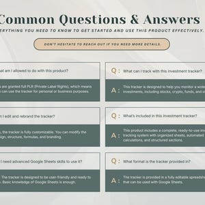 May include: An informational graphic titled Common Questions & Answers with the subtitle Everything you need to know to get started and use this product effectively. It features six Q&A boxes regarding PLR rights, investment tracking, and Google Sheets.