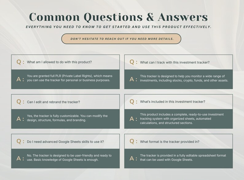 May include: An informational graphic titled Common Questions & Answers with the subtitle Everything you need to know to get started and use this product effectively. It features six Q&A boxes regarding PLR rights, investment tracking, and Google Sheets.