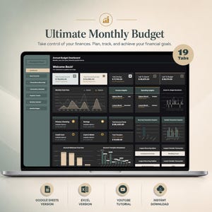 May include: A laptop screen displaying an Ultimate Monthly Budget dashboard with 19 tabs. The interface features dark gray panels, line graphs, and bar charts for financial tracking, with icons for Google Sheets, Excel, and a YouTube tutorial.