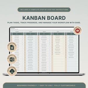 Peut inclure: Un tableau Kanban numérique affiché sur un écran d'ordinateur portable, avec des colonnes pour la gestion des tâches. Le texte inclut KANBAN BOARD, PLAN TASKS, TRACK PROGRESS, AND MANAGE YOUR WORKFLOW WITH EASE, GOOGLE SHEETS, MICROSOFT EXCEL et YOUTUBE TUTORIAL.