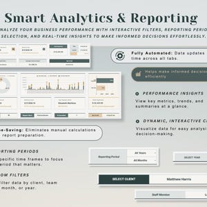 May include: A digital graphic with the text "Smart Analytics & Reporting" and data visualizations. The image highlights features like interactive filters, real-time insights, and automated data updates. It also includes options for reporting periods and custom filters.