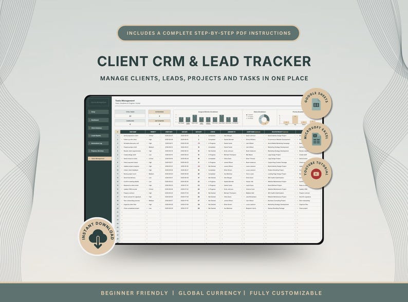 May include: A digital Client CRM & Lead Tracker spreadsheet interface featuring task management, project tracking, and data visualization charts. Includes icons for Google Sheets, Microsoft Excel, and YouTube tutorials, with text labels for instant download.