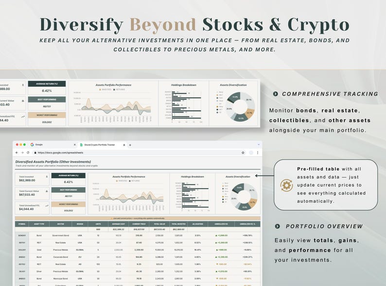May include: A digital display with the text "Diversify Beyond Stocks & Crypto." The image shows charts and graphs for tracking investments, including real estate, bonds, and collectibles. Features include comprehensive tracking, pre-filled tables, and portfolio overview.