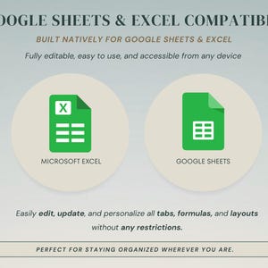 May include: A digital graphic displaying the text GOOGLE SHEETS & EXCEL COMPATIBLE, BUILT NATIVELY FOR GOOGLE SHEETS & EXCEL, and icons for Microsoft Excel and Google Sheets. It includes text about editing, updating, and personalizing tabs and formulas.