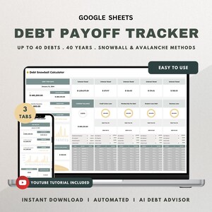 Rastreador de pago de deudas Hoja de cálculo de Google Calculadora de bola de nieve de deudas Hoja de cálculo de avalancha de deudas Planificador de deudas de finanzas personales Rastreador de préstamos de tarjetas de crédito