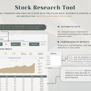 May include: A digital stock research tool dashboard displaying Alphabet Inc Class C data, including a price change graph, a table of historical performance metrics, and text callouts explaining automatic data population and flexible time periods.