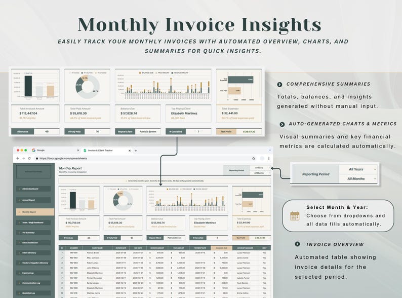 May include: A digital display showing monthly invoice insights. The interface includes charts, summaries, and an invoice overview. Text on the display reads "Monthly Invoice Insights" and describes automated features for tracking invoices.