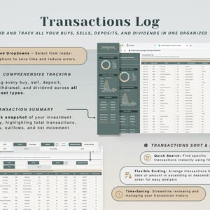 May include: A digital interface displaying a "Transactions Log" with data visualization and financial tracking features. The interface includes options for pre-filled dropdowns, comprehensive tracking, transaction summaries, and sorting/filtering capabilities. The design is clean and modern.