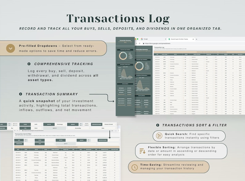 May include: A digital interface displaying a "Transactions Log" with data visualization and financial tracking features. The interface includes options for pre-filled dropdowns, comprehensive tracking, transaction summaries, and sorting/filtering capabilities. The design is clean and modern.
