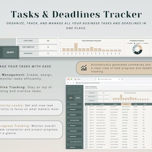 May include: A digital dashboard titled "Tasks & Deadlines Tracker" with charts and graphs. The interface displays task management, deadline tracking, and progress tracking features. The text reads "Organize, track, and manage all your business tasks and deadlines in one place."