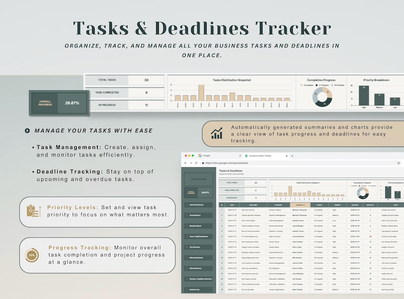 May include: A digital dashboard titled "Tasks & Deadlines Tracker" with charts and graphs. The interface displays task management, deadline tracking, and progress tracking features. The text reads "Organize, track, and manage all your business tasks and deadlines in one place."
