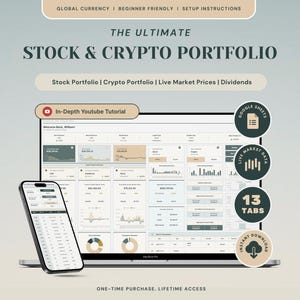 Könnte beinhalten: Ein digitaler Aktien- und Kryptoportfolio-Tracker auf einem Laptop- und Smartphone-Bildschirm. Die Benutzeroberfläche zeigt Diagramme, Tabellen und Finanzdaten. Der Text enthält "The Ultimate Stock & Crypto Portfolio", "13 Tabs" und "In-Depth Youtube Tutorial".