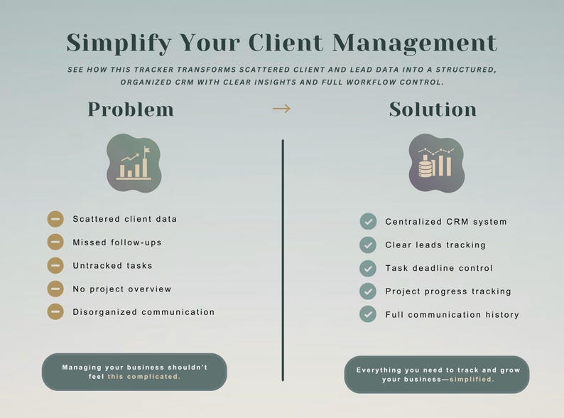 May include: A digital infographic titled Simplify Your Client Management, contrasting a Problem column with a Solution column. The Problem side lists scattered data, missed follow-ups, and disorganized communication. The Solution side lists a centralized CRM system, clear leads tracking, and project progress tracking.